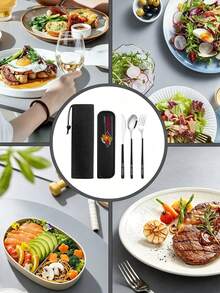 SCOOBY-DOO X SHEIN Scooby‑Doo Black Portable Cutlery Set, 3‑Piece Spoon Fork Knife Utensils Kit With Printed Storage Case, Reusable Lightweight Travel Flatware For Camping, Office, Outdoor Daily Dining - Black - View 8