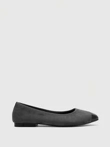 CUCCOO BIZCHIC Satin Glossy Patent Leather Square Toe Black Flat Ballet Shoes Simple Shallow Commuter Versatile Shoes - Gray fleece splicing - View 2