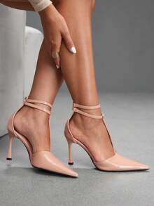 CUCCOO SZL Sepatu Hak Tinggi Wanita Model T-Band Lancip dari Kulit Paten Warna Nude - Aprikot - View 1