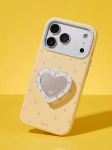 ShellaStory 心形鏡面支架，相容 Apple 17PM 手機殼，適用於 Phone 16、15，高端外觀，14 柔軟，17 清新波點時尚，個性女孩創意簡約小清新小眾 Ins 風 - 黃色 - 查看 1