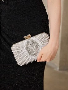 MOTF LADIES FASHION PEARL DIAMOND SILVER DINNER CLUTCH FOR PARTIES, CHRISTMAS, NEW YEAR GIFTS, WEDDINGS, DRESS MATCHING - Silver - View 9