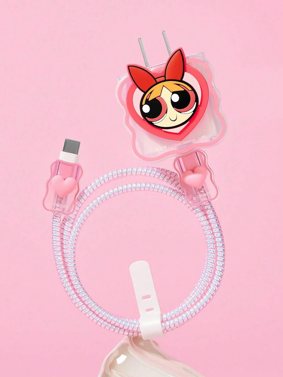 THE POWERPUFF GIRLS X SHEIN 數據線保護套,適用於 iPhone 充電器,4 件組手機線材保護套,充電器保護套(不含數據線) - 粉色 - 查看 1