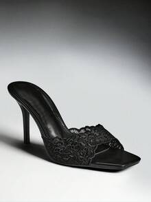SHEIN SHUZIA 女款優雅花卉刺繡緞面一腳蹬高跟涼鞋 - 黑色 - 查看 7