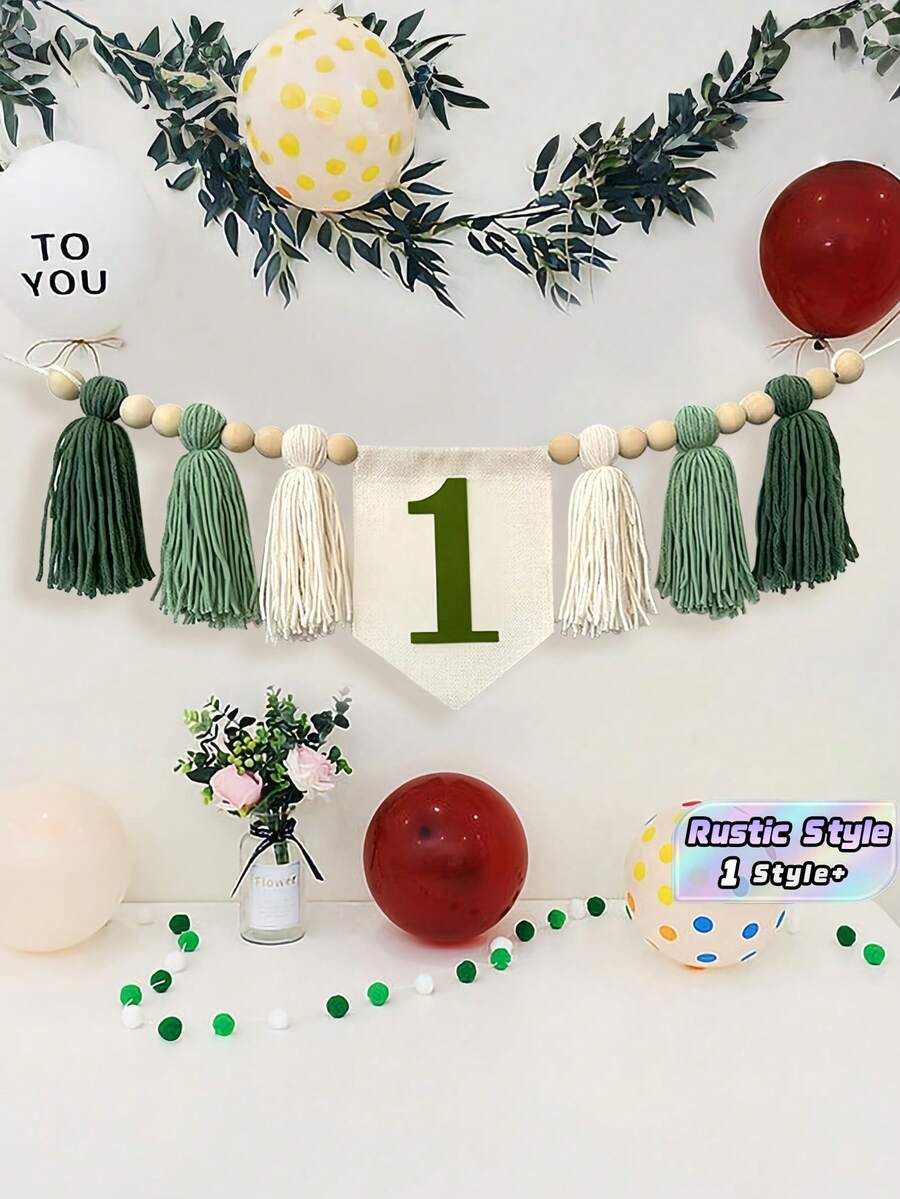 1PC Birthday High Chair Banner With Green Brown Garland Floral Wreath For Party Decor Photo Booth Prop Christmas Celebration - A - View 1