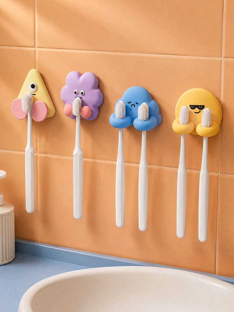 Joivida 1pc Cartoon Toothbrush Holder, No Drill Wall Mounted Organizer Rack For Bathroom, Multifunctional Adhesive Hook For Charging Cables, Headphones, Keys, Cute Desk Storage - Multicolor - View 1