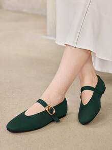 MOTF PREMIUM WOMEN SQUARE TOE BUCKLE STRAP FLATS FOR CHRISTMAS - Dark Green - View 1