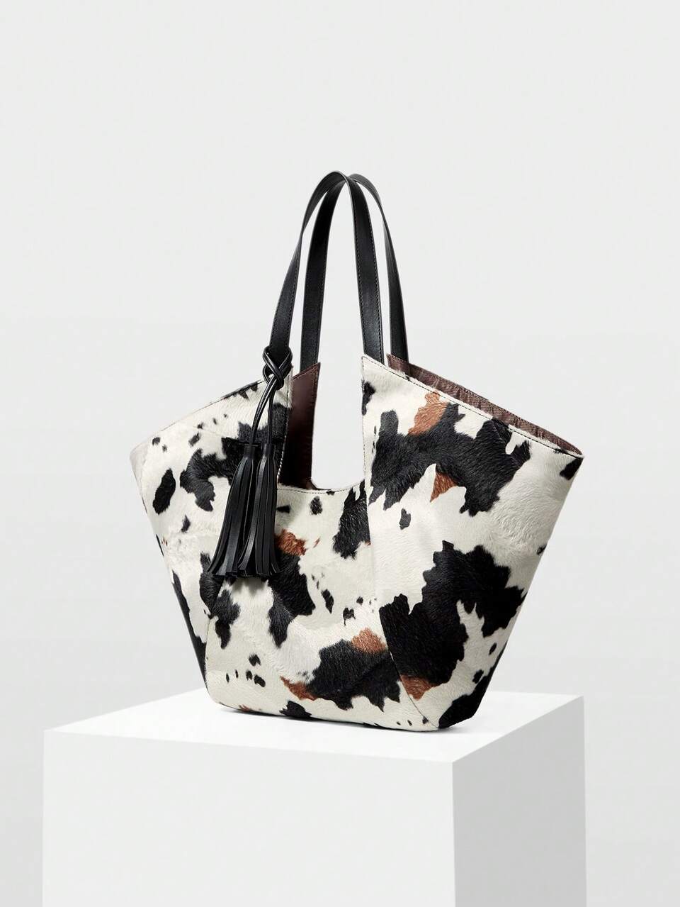 MOTF WOMEN'S FASHION COW PATTERN IMITATION PLUSH LARGE-CAPACITY TOTE SHOULDER WOMEN'S BAG, FRINGED PENDANT, FOR DAILY, SHOPPING, VACATION, TRAVEL