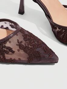 CUCCOO SZL Ladies Pointed Toe Round Vamp Breathable Rose Pattern Lace Surface. Painted Stiletto. Elastic Rear Strap Slingback Shoes. Four Seasons Fashion Festival Fall Shoes - dark coffee - View 5