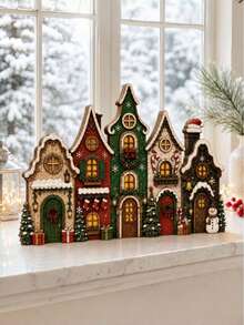 Wooden Christmas Village House Decor, 15x22cm Rustic Distressed Tabletop Shelf Sitter With Snowman & Lights, Holiday Home Ornament - View 5