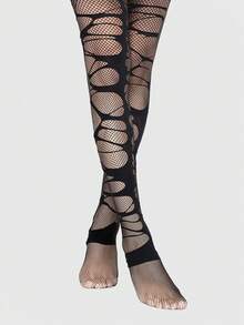 ROMWE Grunge Punk A Set Of Punk Style Suit, Mesh Fishnet Socks + Ripped Pantyhose, Black Tights Combination, Suitable For Daily Wear, Parties And Music Festivals. - Black small mesh ripped socks - View 1