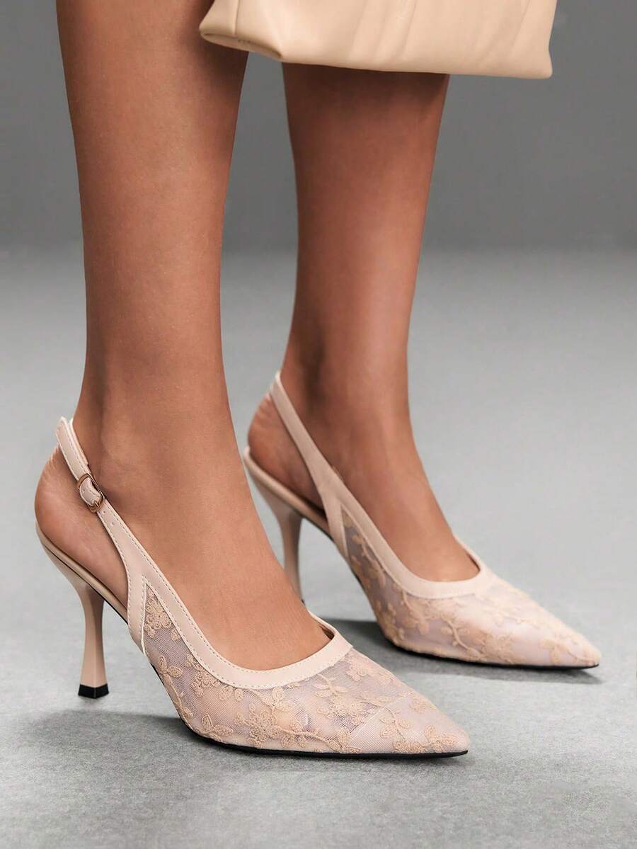 CUCCOO SZL Chaussures pour femmes à talons aiguilles sexy et à la mode, pointues, en maille brodée, couleur abricot, pour le shopping, les vacances, les rendez-vous, les fêtes et la Saint-Valentin - Nude - Voir 1