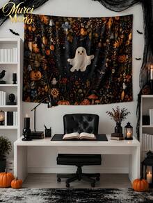 Muroi Mono 1pc Modern Square Polyester Fiber Wall Decorative Piece - Orange Skull Pattern Tapestry, Suitable For Decoration In Living Room, Bedroom, Room Decor, Wall Decor, Wall Art, Home Decor, And Suitable For Halloween Festival Decoration. - Halloween Ghost - View 6