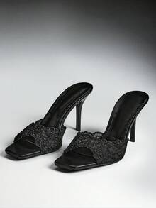 SHEIN SHUZIA 女款優雅花卉刺繡緞面一腳蹬高跟涼鞋 - 黑色 - 查看 8