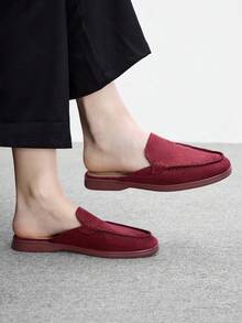 CUCCOO BIZCHIC 時尚酒紅色麂皮舒適通勤女款平底穆勒鞋/平底拖鞋，適合戶外購物 - 棗紅色 - 查看 2