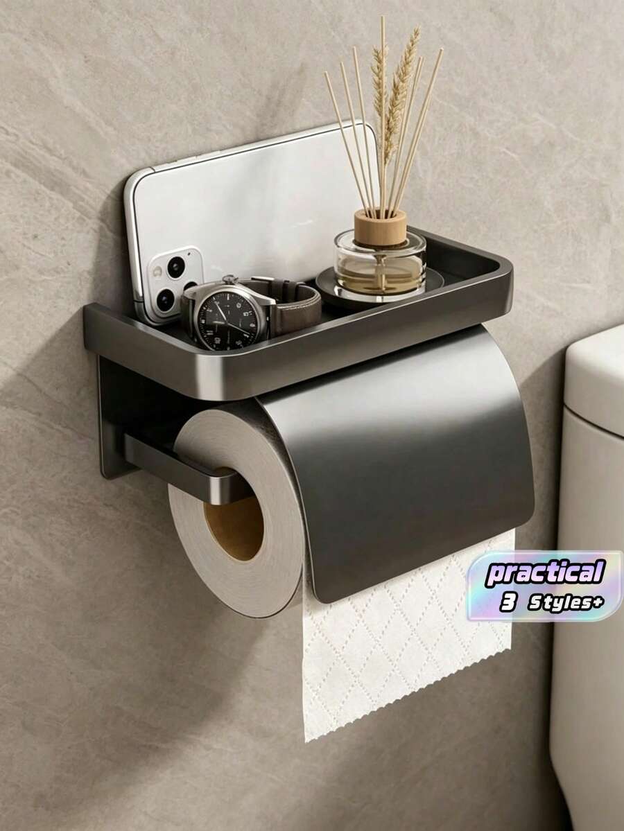 1 Set Wall Mounted Toilet Paper Holder - Self-Adhesive, Large Roll Size, Gray/Black With Shelf, Suitable For Bathroom, Suitable For Various Bathroom Styles - Simple Atmosphere No-Punch Restroom Wall Mounted Tissue Holder Bathroom Decor Fall Decor - 1set - View 1