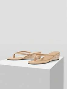 Mnmlis Apricot Wood Grain 5 Cm Slope Heel Flip-Flops With Thin Strap Toe Sandals Versatile Vacation Beach Shoes - Apricot - View 2