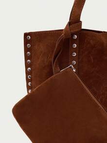 Nöista Brown Suede Effect Tote Bag With Long Handles And Silver Studs Detailing Along The Seams And Sides. - reddish brown - View 8