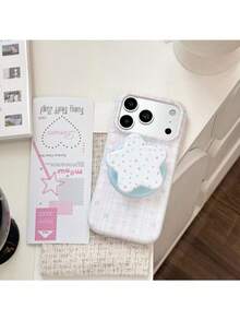ShellaStory Sweet Dream Star Pattern + Light Star Island Magnetic Stand Star Pattern Magnetic Stand Compatible With Apple 18PM Soft Case Film Phone 16 Phone Case 15 Gentle Wind Girl, Creative, Simple Style, Fresh Style, Collage Style, Niche, Ins Style - Pink White - View 14