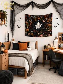 Muroi Mono 1pc Modern Square Polyester Fiber Wall Decorative Piece - Orange Skull Pattern Tapestry, Suitable For Decoration In Living Room, Bedroom, Room Decor, Wall Decor, Wall Art, Home Decor, And Suitable For Halloween Festival Decoration. - Halloween Ghost - View 5
