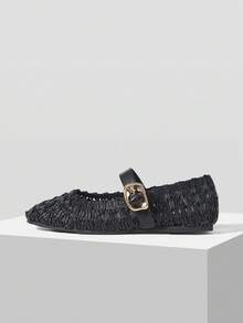MOTF WOMEN  WOVEN RAFFIA SQURE FLATS - Graphite Black - View 3