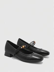CUCCOO BIZCHIC Women's Beaded Buckle Block Heel Brown Low Heel Flats With Square Toe, Retro Style For Commuting, Daily Wear, Dating, And Vacation, Versatile Flats - Black - View 1
