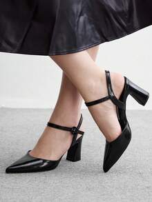 CUCCOO BIZCHIC Women's, Black, Leather Texture, Pointed Simple Thick Heel Buckle Empty High Heels, Suitable For Office And Business Wear - Black - View 3