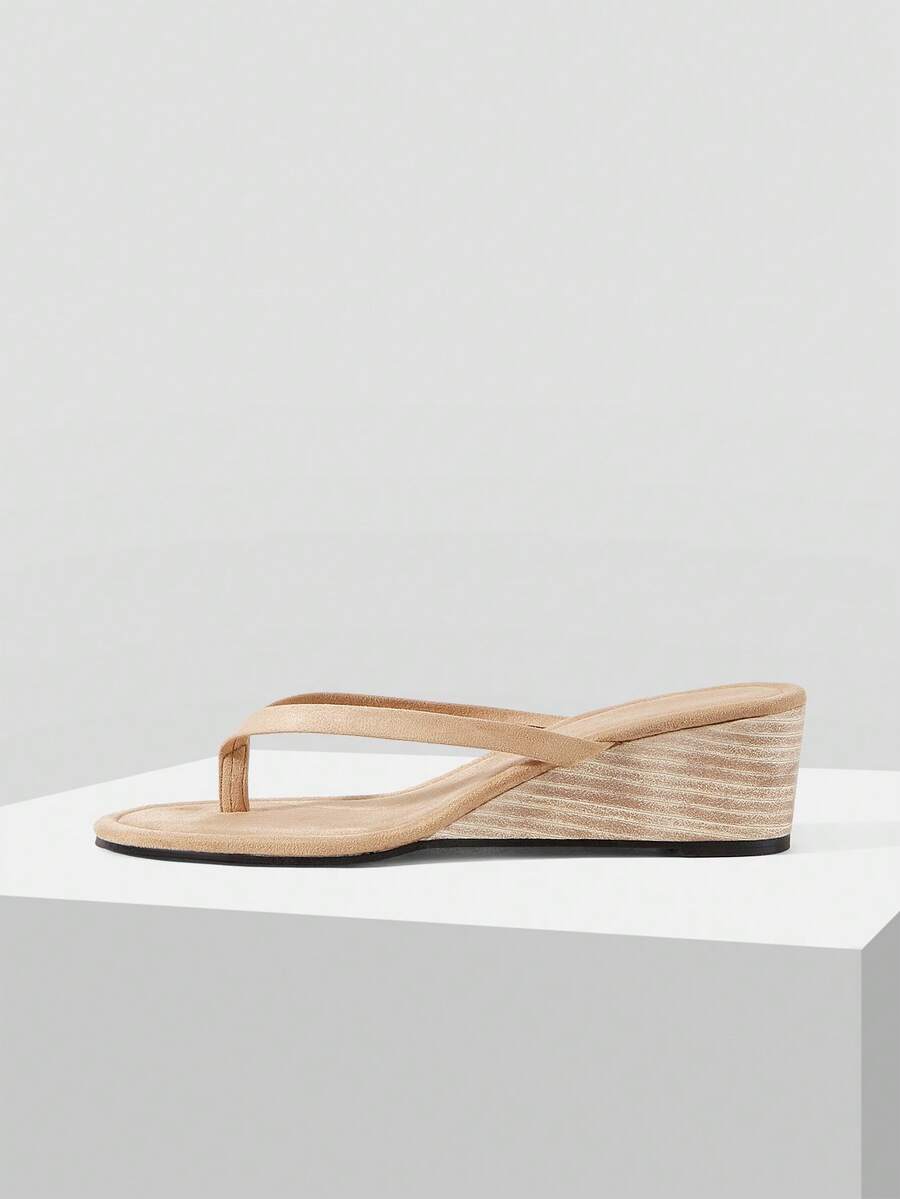 Mnmlis Apricot Wood Grain 5 Cm Slope Heel Flip-Flops With Thin Strap Toe Sandals Versatile Vacation Beach Shoes - Apricot - View 1