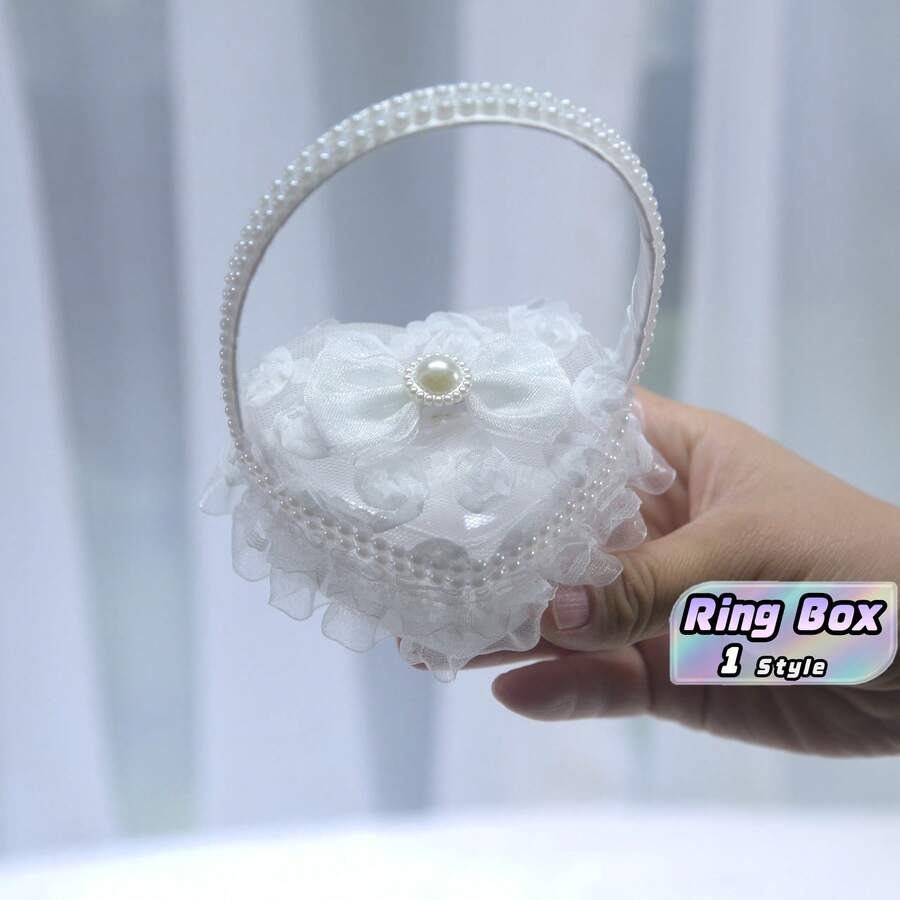 1PC Wedding Hand-Held Ring Box Lace Faux Pearl Ring Box Bow Small Flower Basket Flower Girl Hand-Held Heart-Shaped Ring Pillow Wedding Props - multicolor - View 1