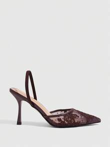 CUCCOO SZL Ladies Pointed Toe Round Vamp Breathable Rose Pattern Lace Surface. Painted Stiletto. Elastic Rear Strap Slingback Shoes. Four Seasons Fashion Festival Fall Shoes - dark coffee - View 2
