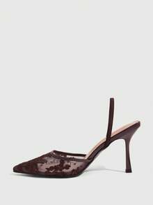 CUCCOO SZL Ladies Pointed Toe Round Vamp Breathable Rose Pattern Lace Surface. Painted Stiletto. Elastic Rear Strap Slingback Shoes. Four Seasons Fashion Festival Fall Shoes - dark coffee - View 4