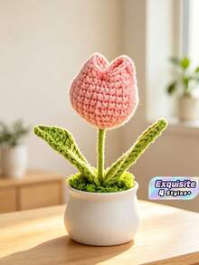 1Pc Hand‑Crocheted Single‑Head Tulip Potted Plant, Knitted Artificial Flower Bonsai, Desktop Tabletop Ornament, Handmade Home Decor Gift - A - View 1