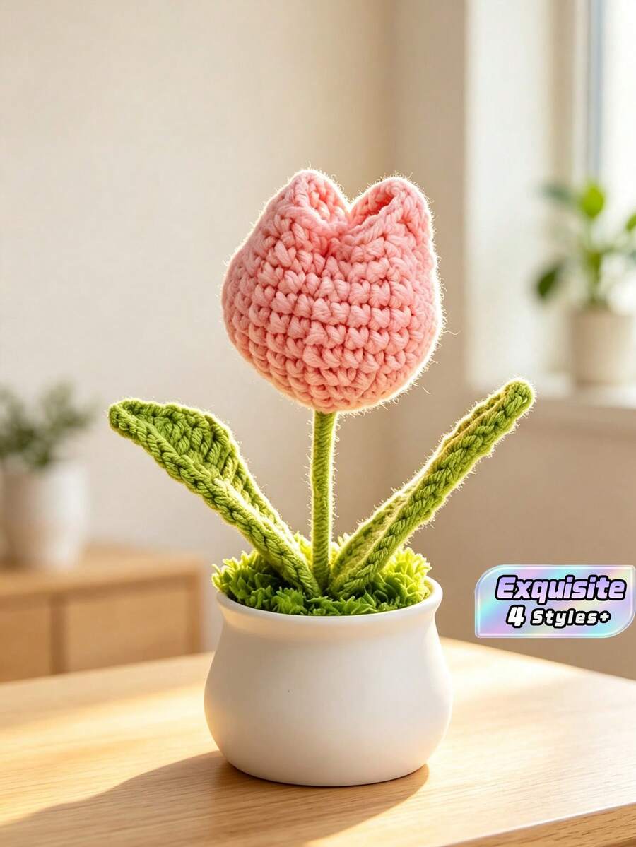 1Pc Hand‑Crocheted Single‑Head Tulip Potted Plant, Knitted Artificial Flower Bonsai, Desktop Tabletop Ornament, Handmade Home Decor Gift - A - View 1