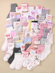 SHEIN 20 Pairs Kids Girls Crew Socks Cute Kawaii Animal Floral Dot Pink Ruffle Trim Soft Breathable Blend All Season Daily Gift Random Pack - Multicolor - View 1