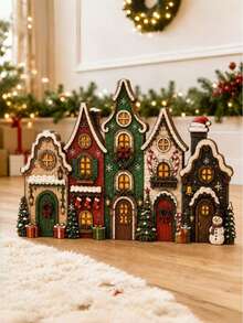 Wooden Christmas Village House Decor, 15x22cm Rustic Distressed Tabletop Shelf Sitter With Snowman & Lights, Holiday Home Ornament - View 6