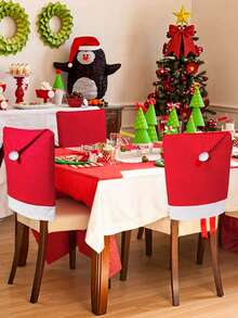 1 Piece Nonwoven Fabric Christmas Chair Cover Red Santa Snowman Print Elastic Dining Room Chair Slipcover For Kitchen Cafe Holiday Festive Decoration - A - View 3