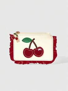 ROMWE Kawaii 可愛刺繡櫻桃圖案多卡槽便攜卡包，櫻桃，蕾絲 - 紅白色 - 查看 1