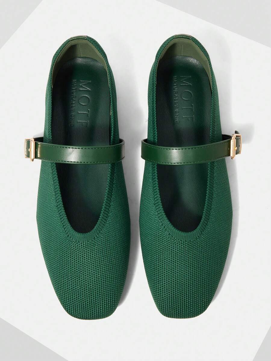 MOTF PREMIUM PU LEATHER BUCKLE MARY JANE FLAT SHOES FOR CHRISTMAS SPRING SHOES - Dark Green - View 2