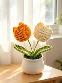 1Pc Hand‑Crocheted Double‑Head Tulip Potted Plant, Knitted Artificial Flower Bonsai, Cute Desktop Ornament, Handmade Home Decor Gift - B - View 12