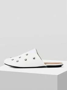Mnmlis Nailed Elastic Splicing Toe Toe Toe Flat Bottom Flat Heel Cool Sa Simple White PU Imitation Leather Women's Closed Toe Mules Slippers Daily Commuting - White - View 2