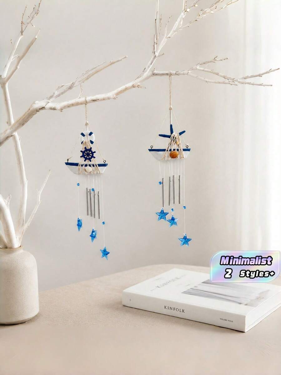 1Pc Mediterranean Sailboat Wind Chime Blue Star Boat Shaped Hanging Ornament Creative Decor For Home Office Patio Garden Seaside Theme Gift - multicolor - View 1