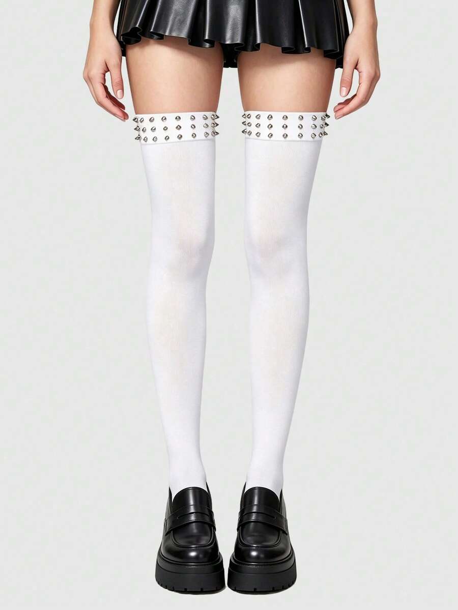 ROMWE Kawaii 1 Pair Of Punk Style Multi-Layer Rivet Knee Socks, Y2K White High Tube Socks, Fashionable Elastic Stockings - White rivet 1 - View 1