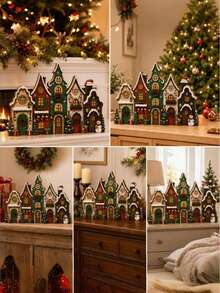Wooden Christmas Village House Decor, 15x22cm Rustic Distressed Tabletop Shelf Sitter With Snowman & Lights, Holiday Home Ornament - View 4