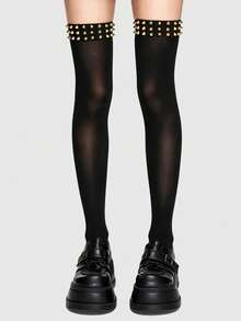 ROMWE Goth 1 Pair Of Punk Style Multi-Layer Gold Rivet Knee Socks, Y2K Black Solid Color High Tube Socks, Fashionable Elastic Stockings - Golden rivet - View 1