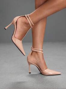 CUCCOO SZL Sepatu Hak Tinggi Wanita Model T-Band Lancip dari Kulit Paten Warna Nude - Aprikot - View 6
