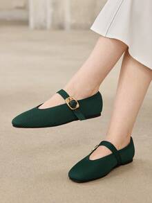 MOTF PREMIUM WOMEN SQUARE TOE BUCKLE STRAP FLATS FOR CHRISTMAS - Dark Green - View 6