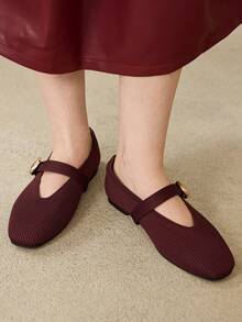 MOTF PREMIUM WOMEN SQUARE TOE BUCKLE STRAP FLATS FOR CHRISTMAS - Burgundy - View 8