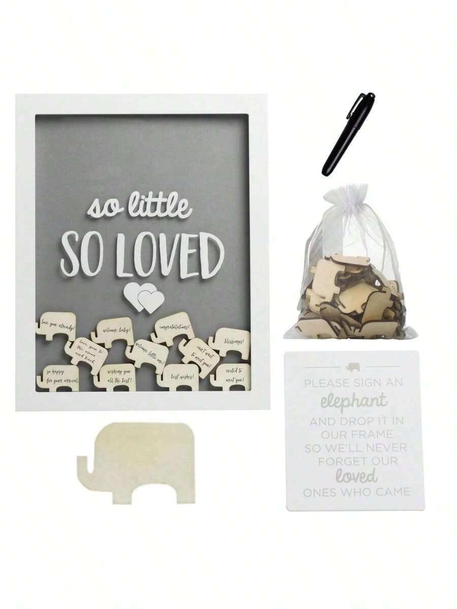 SHEIN Elephant Wooden Sign-In Photo Frame Set, Baby Banquet Message ...