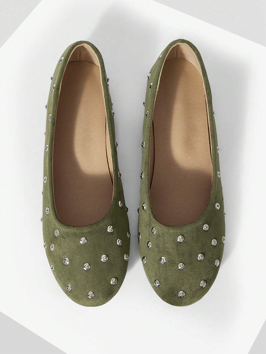Mnmlis Suede Rivet Fashion Flat Shoes Fall Shoes - Army Green - View 1