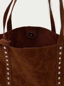Nöista Brown Suede Effect Tote Bag With Long Handles And Silver Studs Detailing Along The Seams And Sides. - reddish brown - View 7