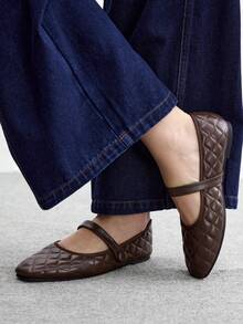 CUCCOO BIZCHIC Women's Square Toe Embroidered Coffee Color Mary Jane Flat Shoes, Minimalist Elegant Comfortable Old Money Style - coffee color - View 5